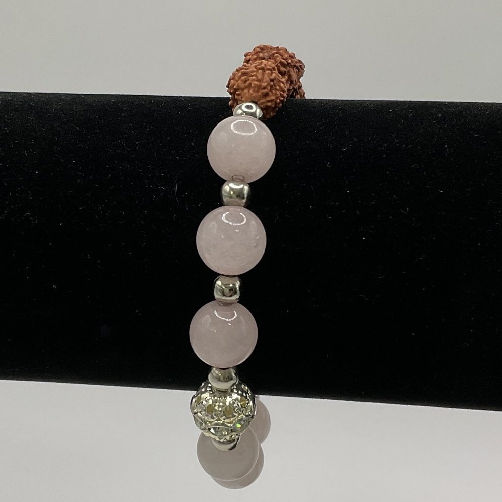*HP* Rudraksha & Pink Quartz Bead Stretch Bracelet w/ Rhinestone Accent Bead